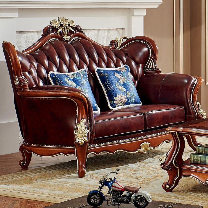 Living Room Furniture Classic Genuine Leather Sofa with Wood Table