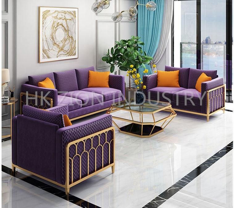 Light Luxury Fabric Sofa Small Family Living Room Furniture Complete Set Furniture Postmodern American Style Three-Person Stainless Steel Sofa