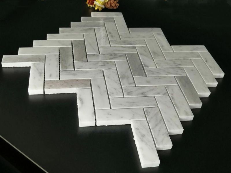 Carrara White Stone Mosaic, Herringbone, Dumb Face, Polished Surface, Used in The Kitchen, Sofa, TV Setting