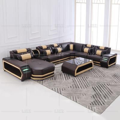 Foshan Living Room Leisure Furniture Brown Functional Genuine Leather U Shape Sofa Set