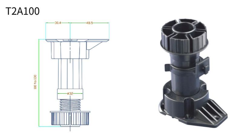 T2a100 100-130mm ABS Plastic Kitchen Adjustable Leg with Screw on Base