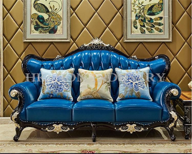 Luxury Style Sofa Set 1+2+3 Seater Home Villa Hotel Living Room Furniture European Style Sofa First Layer Cowhide Blue Leather Sofa