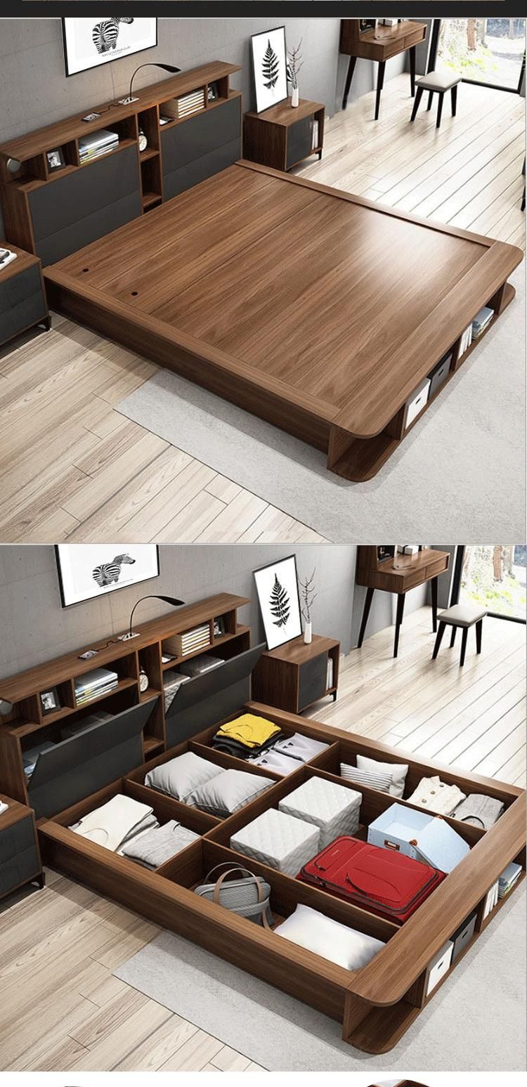 Modern Wooden Melamine MFC Bedroom Furniture Set Wardrobe Double Adult King Beds with Mattress