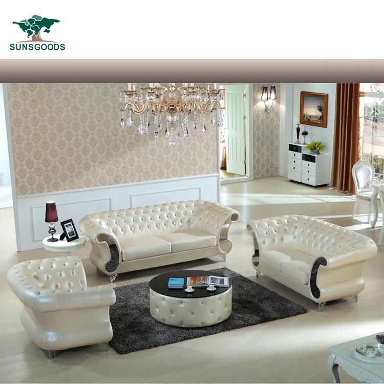 Tufted Genuine Leather Sofa Stainless Steel Furniture White Sofa Set