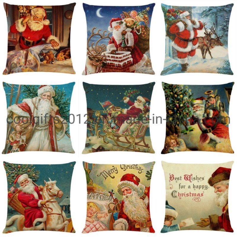 Home Textile Traditional Design Christmas Colorful Reindeer Digital Print Cotton Linen Customizable Sofa Pillow Cover