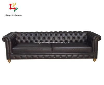 Vintage Genuine Leather Antique Wooden 3 Seater Sofa