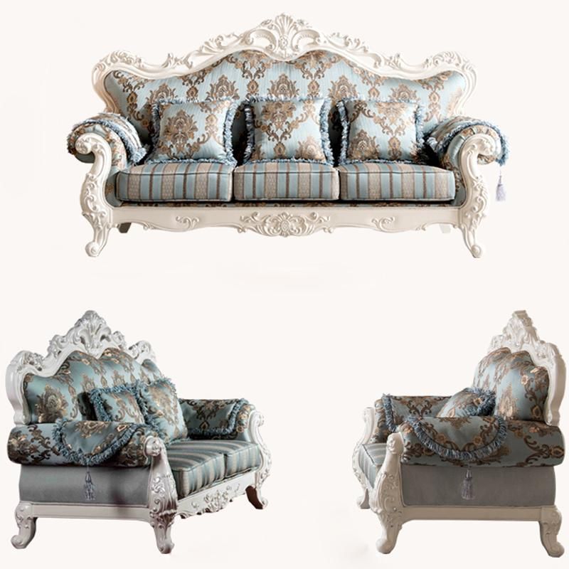 Optional Color Handmade Antique Wood Fabric Sofa with Coffee Table