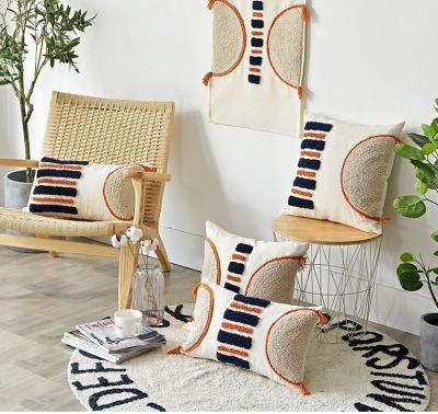 Morrocca Style Cushion Cover Pillow Cover Handmade Orange Navy Stripe Tufted Cushion for Home Decoration Sofa Couch Living Room Bed Room