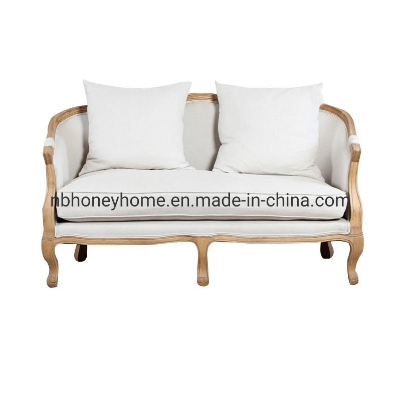 French Vintage Oak Frame Oil Brash Washed Color Living Room Fabric Sofa