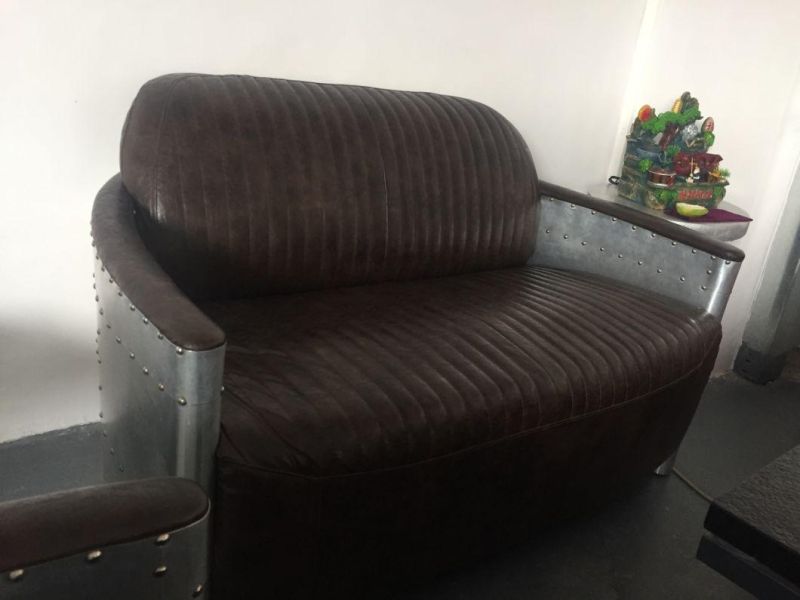 Antique Style Home Furniture Vintage Leather Sofa Aluminum Back Armchair