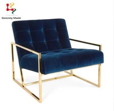 Luxury Gold Finish Metal Frame Hotel Lounge One Seater Velvet Sofa Chair Armchairs Living Room Chairs