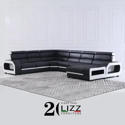 Luxury Modern Home Furniture Set Living Room U Shape Sectional Black Leather Sofa with Storage Armrest