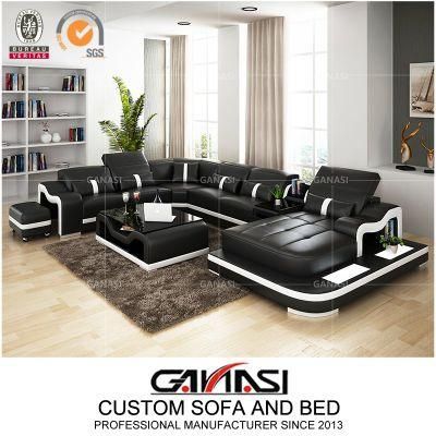 Ganasi American U Shape Beige Color Chaise Sofa Bed with Top Pure Leather