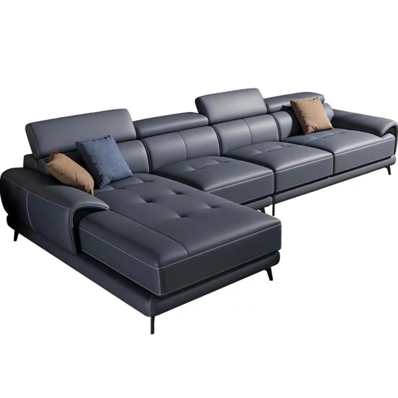 European Modern Home Furniture Navy Leather Sectional Corner Sofa with Chaise