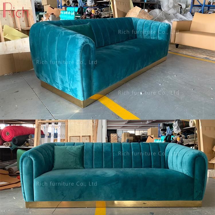 Modern Home Living Room Furniture Sky Blue Fabric Velvet I Shaped Leisure Couch Sofa Three Seat