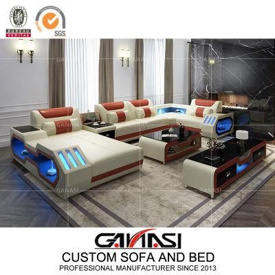 Wholesale Leather Modern LED Light Living Room Wood Frame Corner Sofa with TV Stand