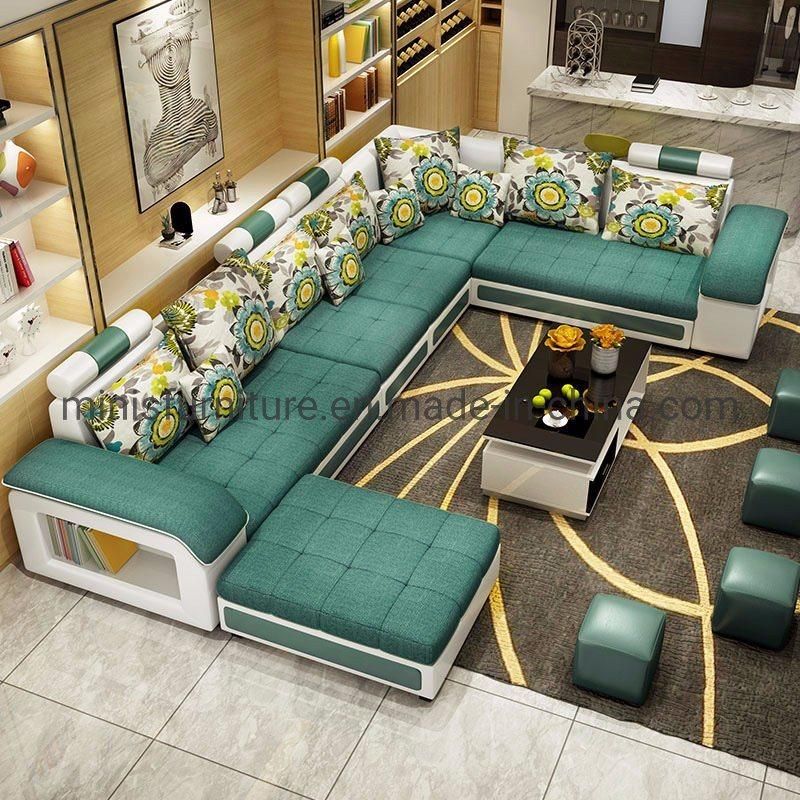 (MN-SF74) Modern Leisure Living Room Home Furniture Wooden Sectional U Shape Genuine Leather Sofa with Coffee Table