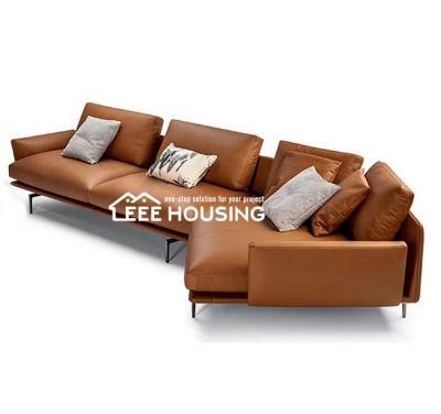China Factory Supply Modern Italian Minimalism Design 4 Seater Stainless Steel Legs Genuine Leather Living Room Furniture Sofa