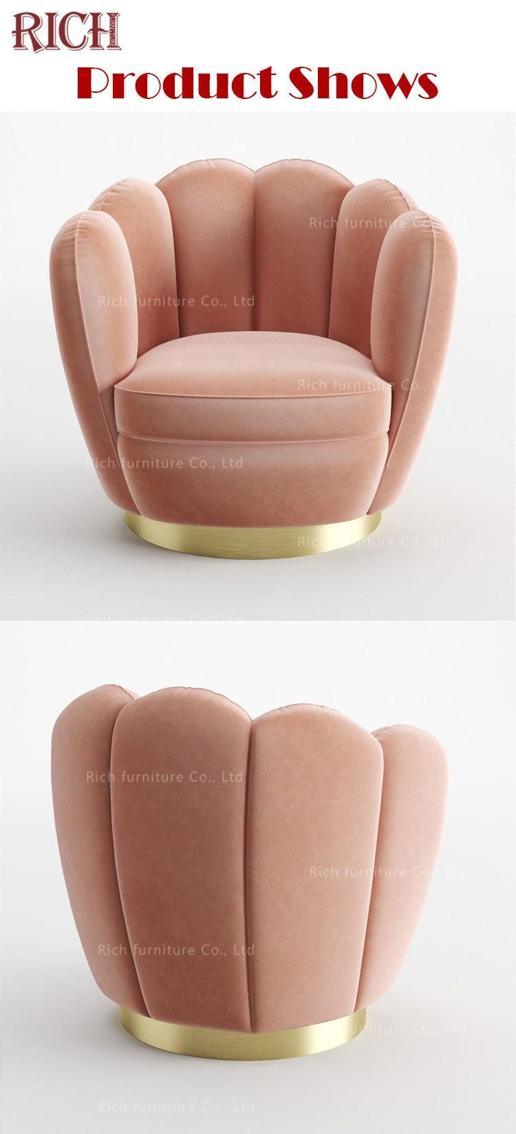 Nordic Style Comfortable Gold Legs Pink Velvet Shell Shaped Armchair Cafe Sofa Chair