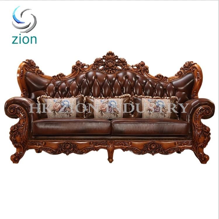 High End European Style Antique Sofa Classic Living Room Furniture Sets Chaise Longue Brown Solid Wood Frame Genuine Leather Sectional Sofa