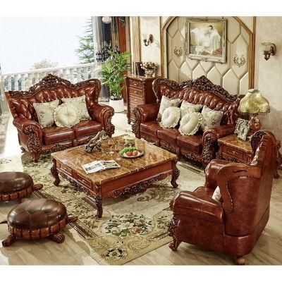 (M-CSF07) European Living Room Furniture Brown Genuine Leather Wooden Frame Sofa