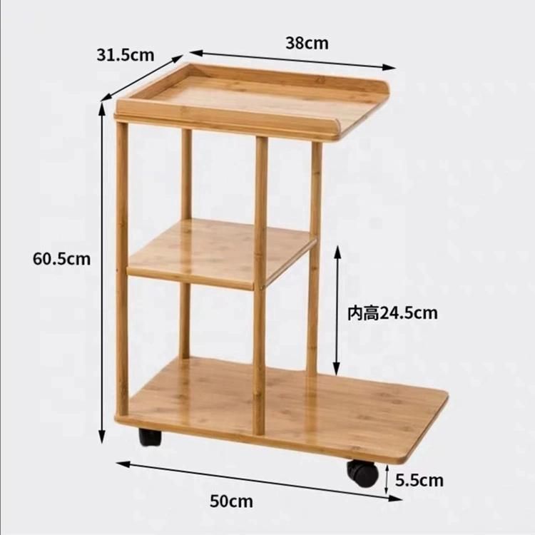 Bamboo Mobile Sofa Side Table C Shaped End Table with Storage Shelves, Snack Coffee Table