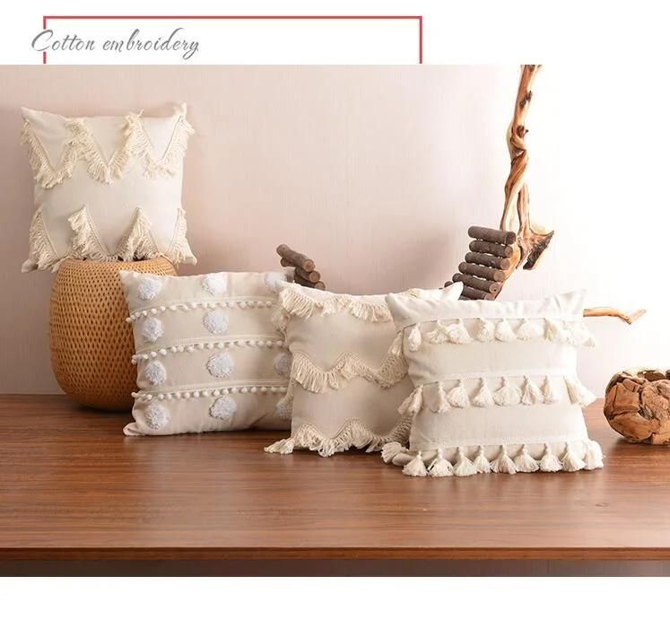 Cotton Linen Tassel Tufted Pillow Cushion Cover Waist Pillowcase for Living Room
