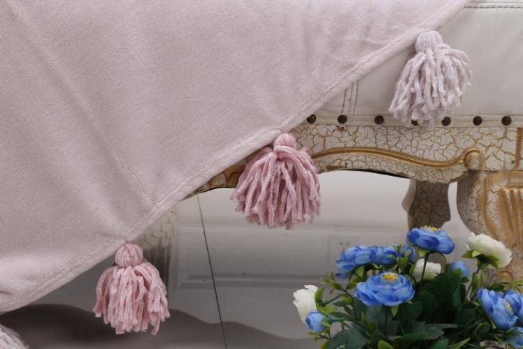 Chenille Fringed POM POM Velvet Fleece Sofa Throw Blanket Pink