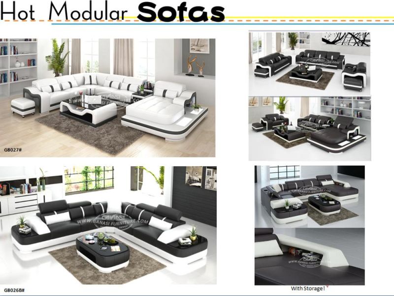 Furniture European Style Genuine Leather Fabric Home Sectional Sofa Sets with Table