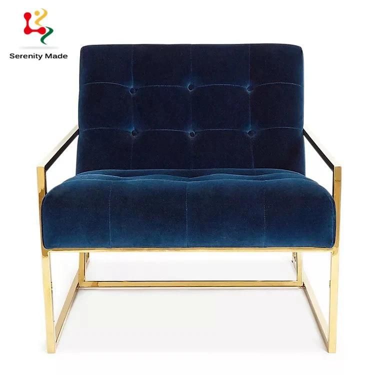 Luxury Gold Finish Metal Frame Hotel Lounge One Seater Velvet Sofa Chair Armchairs Living Room Chairs