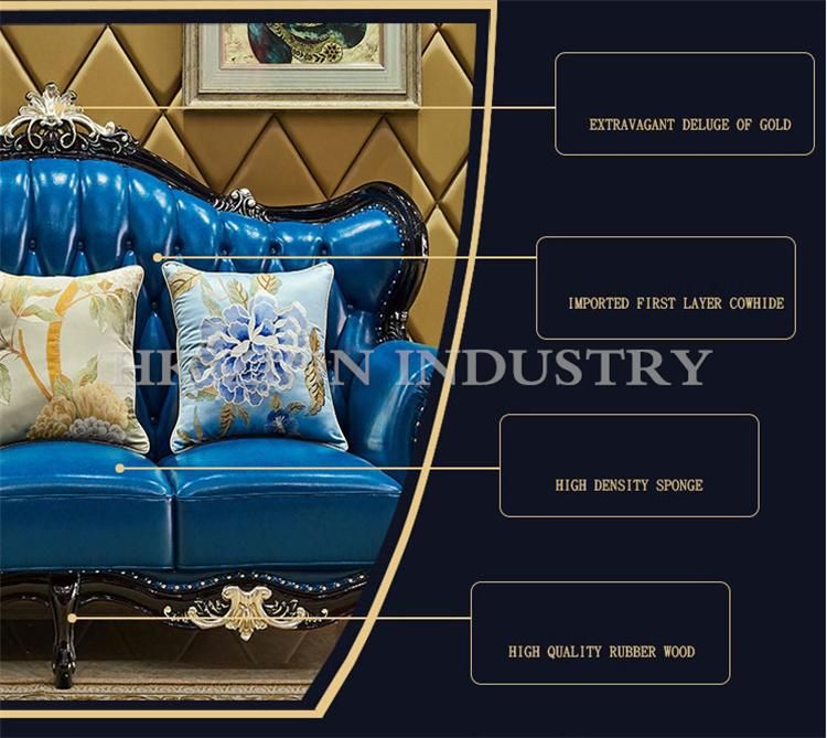 Luxury Style Sofa Set 1+2+3 Seater Home Villa Hotel Living Room Furniture European Style Sofa First Layer Cowhide Blue Leather Sofa