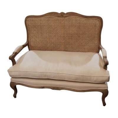 Kvj-7620r French Antique Rattan Solid Wood Oak Frame Linen Fabric Two Seater Sofa