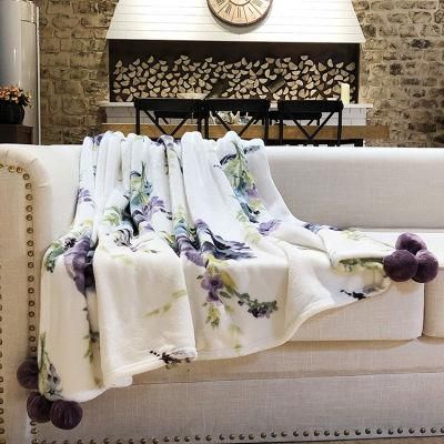 100% Polyester Printed Flannel Fleece Bedding Sofa POM POM Blanket