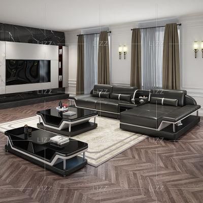 Promotion European Style Home Furniture Modern L Shape Sectional Genuine Leather Sofa with Coffee Table