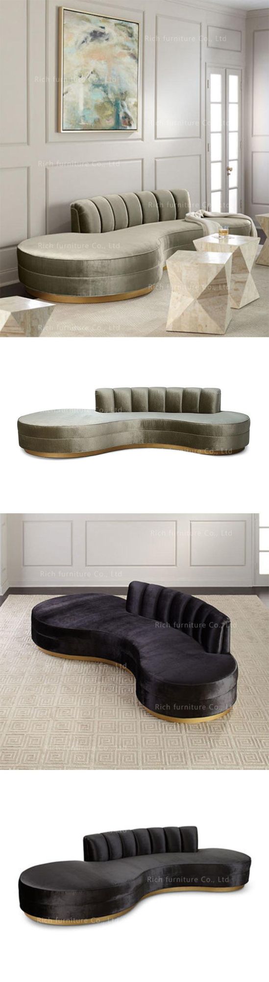 Hotel Furniture Black Fabric Curved Sofa Velvet Living Room Sofa