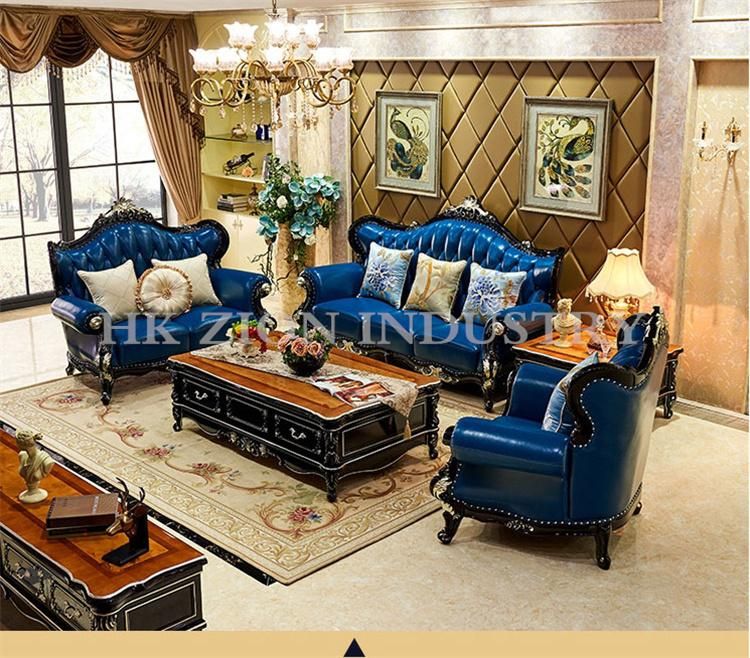 Luxury Style Sofa Set 1+2+3 Seater Home Villa Hotel Living Room Furniture European Style Sofa First Layer Cowhide Blue Leather Sofa