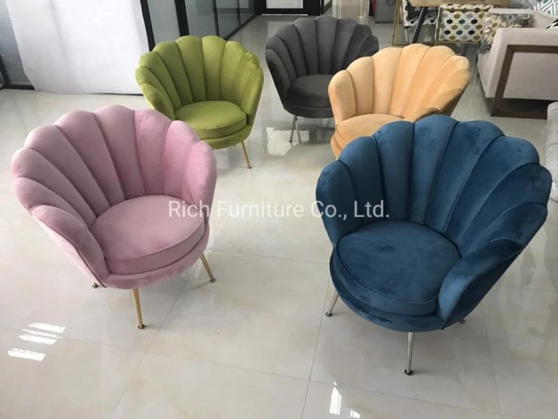 New Design Home Furniture Fabric Velvet Plush Shell Sofa Chair with Metal Gloden Legs for Living Room Bedroom