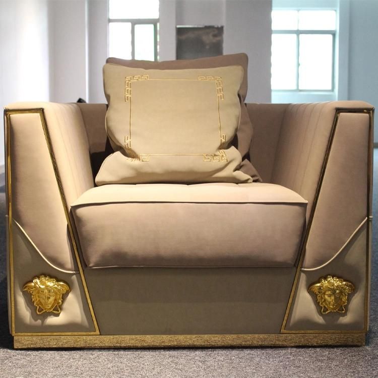 European Style Living Room Furniture Single Seater Sofa Gold Stainless Base Three Seater Sofa