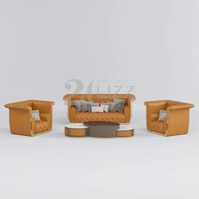 Factory Wholesale Classical Button Stylish Living Room Leather Sofa with Marble Coffee Table