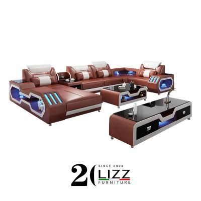 Modern European New Big U Shape Genuine Leather Sofa with LED for Living Room Furniture