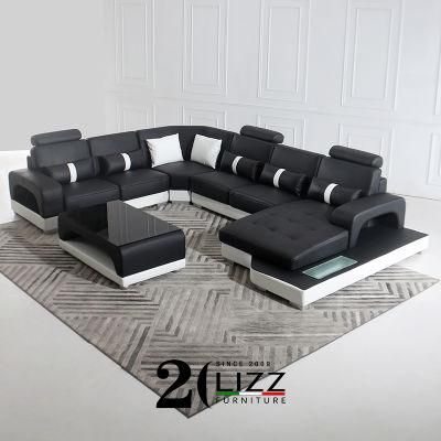 Popular LED Living Room Home Furniture U Shape Sectional Genuine Leather Sofa with Coffee Table &amp; TV Stand