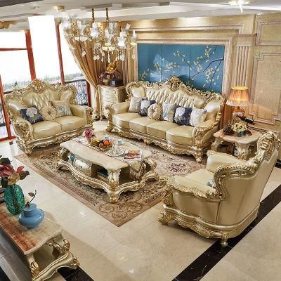 Living Room Furniture Wood Carved Luxury Leather Sofa Set with Marble Table in Optional Sofas Color and Couch Seat