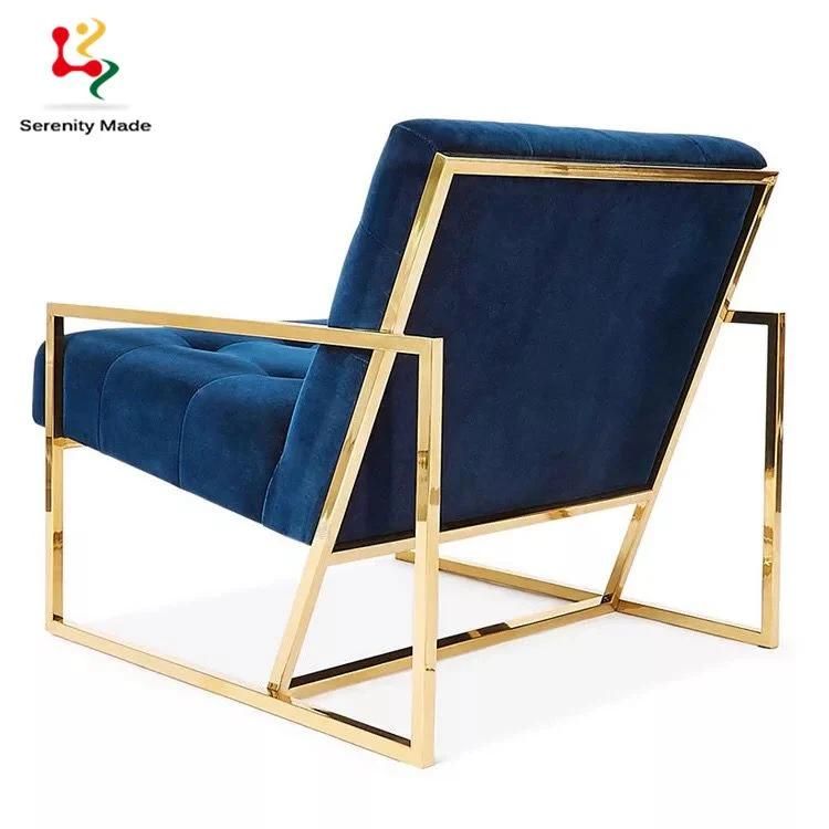 Luxury Gold Finish Metal Frame Hotel Lounge One Seater Velvet Sofa Chair Armchairs Living Room Chairs