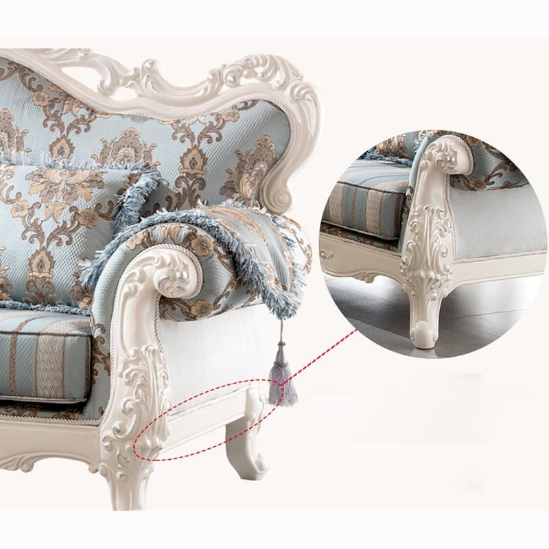 Optional Color Handmade Antique Wood Fabric Sofa with Coffee Table