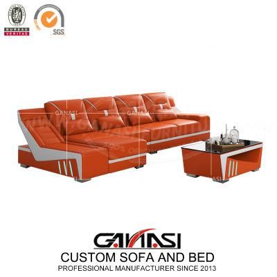 L-Shaped Home Furniture Sectional Genuine Leather LED Light Sofa with Coffee Table