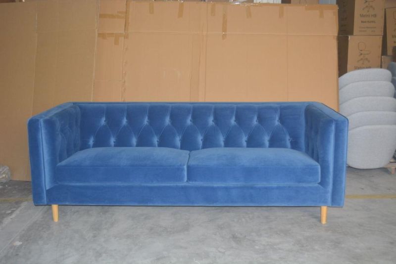 Modern Living Room Furniture Navy Blue Velvet Tufted Sofa with Wood Legs