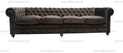 Antique Design Rustic Style Furniture Wax Brown Oak Leg Dark Beige/Grey Velvet Fabric Cushions Four Seats Sofa