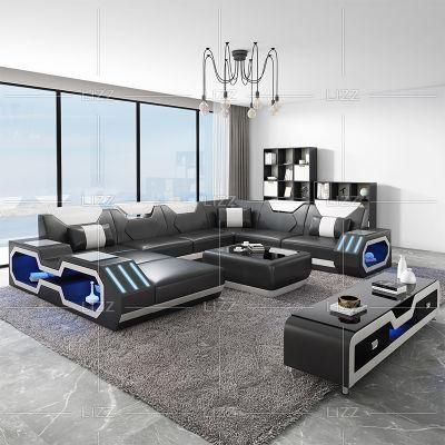Functional LED Home Furniture Sectional Italian Leather Sofa Set with High-End Night Light