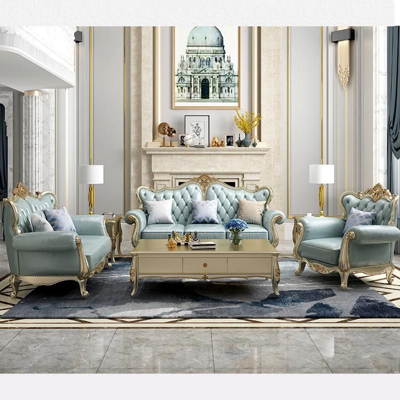 Living Room Furniture American Leather Sofa with Wood Side Stool in Optional Furnitures Color and Sofas Seat