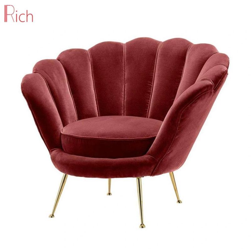 New Design Home Furniture Fabric Velvet Plush Shell Sofa Chair with Metal Gloden Legs for Living Room Bedroom